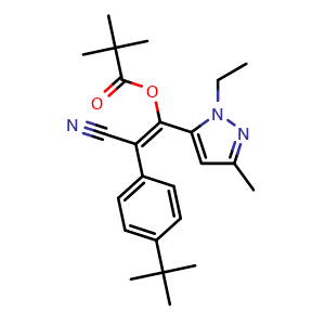 Chemical structure of (Z)-2-(4-(tert-Butyl)phenyl)-2-cyano-1-(1-ethyl-3-methyl-1H-pyrazol-5-yl)vinyl pivalate , CAS 1253429-01-4, AChemBlock AD292282