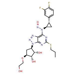 Chemical structure of N-((1R,2S)-2-(3,4-Difluorophenyl)cyclopropyl)-N-(3-((1R,2S,3S,4S)-2,3-dihydroxy-4-(2-hydroxyethoxy)cyclopentyl)-5-(propylthio)-3H-[1,2,3]triazolo[4,5-d]pyrimidin-7-yl)nitrous amide  (Ticagrelor impurity) , CAS 2476859-55-7, AChemBlock AD292285