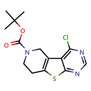 Chemical structure of tert-Butyl 4-chloro-7,8-dihydropyrido[3',4':4,5]thieno[2,3-d]pyrimidine-6(5H)-carboxylate , CAS 1130156-80-7, AChemBlock AD292349