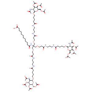 Chemical structure of 1-(((2R,3R,4R,5R,6R)-3-Acetamido-4,5-diacetoxy-6-(acetoxymethyl)tetrahydro-2H-pyran-2-yl)oxy)-16,16-bis((3-((3-(5-(((2R,3R,4R,5R,6R)-3-acetamido-4,5-diacetoxy-6-(acetoxymethyl)tetrahydro-2H-pyran-2-yl)oxy)pentanamido)propyl)amino)-3-oxopropoxy)methyl.. , CAS 1426159-34-3, AChemBlock AD292360
