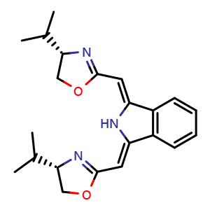 Chemical structure of (1Z,3Z)-1,3-Bis[[(4S)-4,5-dihydro-4-isopropyl-2-oxazolyl]methylene]-2,3-dihydro-1H-isoindole , CAS 1361563-40-7, AChemBlock AD292374