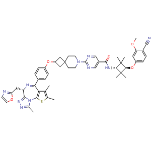 Chemical structure of N-((1r,3r)-3-(4-Cyano-3-methoxyphenoxy)-2,2,4,4-tetramethylcyclobutyl)-2-(2-(4-((S)-2,3,9-trimethyl-6-(oxazol-2-ylmethyl)-6H-thieno[3,2-f][1,2,4]triazolo[4,3-a][1,4]diazepin-4-yl)phenoxy)-7-azaspiro[3.5]nonan-7-yl)pyrimidine-5-carboxamide , CAS 3083307-42-7, AChemBlock AD292383
