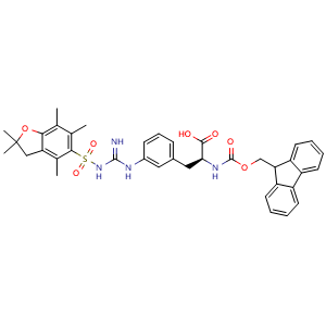 Chemical structure of L-Phenylalanine, 3-[[[[(2,3-dihydro-2,2,4,6,7-pentamethyl-5-benzofuranyl)sulfonyl]amino]iminomethyl]amino]-N-[(9H-fluoren-9-ylmethoxy)carbonyl] , CAS 3024701-01-4, AChemBlock AD292390