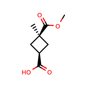 Chemical structure of trans-3-Methoxycarbonyl-3-methyl-cyclobutanecarboxylic acid , CAS 2551115-83-2, AChemBlock AD292396