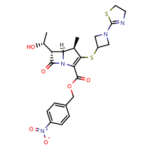 Chemical structure of 4-Nitrobenzyl (4R,5S,6S)-3-[[1-(4,5-dihydrothiazol-2-yl)azetidin-3-yl]thio]-6-[(R)-1-hydroxyethyl]-4-methyl-7-oxo-1-azabicyclo[3.2.0]hept-2-ene-2-carboxylate , CAS 161715-20-4, AChemBlock AD292400