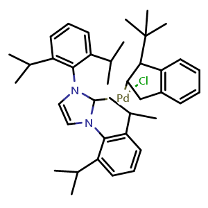 Chemical structure of (1,3-Bis(2,6-diisopropylphenyl)-2,3-dihydro-1H-imidazol-2-yl)(1-(tert-butyl)-1H-inden-2-yl)chloropalladate(II) , CAS 1779569-04-8, AChemBlock AD292402