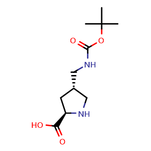 Chemical structure of rel-(2R,4S)-4-(((tert-Butoxycarbonyl)amino)methyl)pyrrolidine-2-carboxylic acid , CAS 2177258-79-4, AChemBlock AD292409