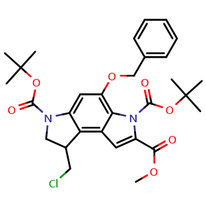 Chemical structure of 3,6-Di-tert-butyl 2-methyl 4-(benzyloxy)-8-(chloromethyl)-7,8-dihydropyrrolo[3,2-e]indole-2,3,6-tricarboxylate , CAS 539856-46-7, AChemBlock AD292414