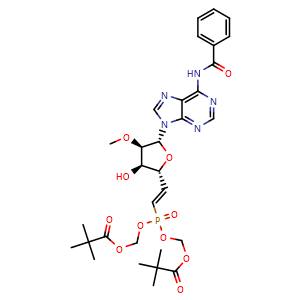 Chemical structure of ((((E)-2-((2R,3R,4R,5R)-5-(6-Benzamido-9H-purin-9-yl)-3-hydroxy-4-methoxytetrahydrofuran-2-yl)vinyl)phosphoryl)bis(oxy))bis(methylene) bis(2,2-dimethylpropanoate) , CAS 2419895-61-5, AChemBlock AD292421