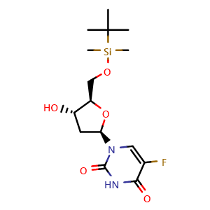 Chemical structure of 1-((2R,4S,5R)-5-(((Tert-butyldimethylsilyl)oxy)methyl)-4-hydroxytetrahydrofuran-2-yl)-5-fluoropyrimidine-2,4(1H,3H)-dione , CAS 129816-30-4, AChemBlock AD292423