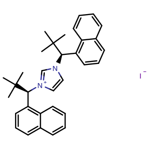 Chemical structure of 1,3-Bis(1S)-2,2-dimethyl-1-(1-naphthyl)propyl)imidazolium iodide , CAS 1333385-96-8, AChemBlock AD292424