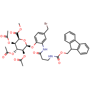Chemical structure of Methyl (2S,3R,4R,5S,6S)-3,4,5-triacetoxy-6-[4-(bromomethyl)-2-[3-(9H-fluoren-9-ylmethoxycarbonylamino)propanoylamino]phenoxy]tetrahydropyran-2-carboxylate , CAS 1887131-93-2, AChemBlock AD292425