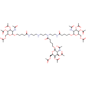 Chemical structure of (2R,2'R,3R,3'R,4R,4'R,5R,5'R,6R,6'R)-((10-(5-(((2R,3R,4R,5R,6R)-3-Acetamido-4,5-diacetoxy-6-(acetoxymethyl)tetrahydro-2H-pyran-2-yl)oxy)pentanoyl)-5,19-dioxo-6,10,14,18-tetraazatricosane-1,23-diyl)bis(oxy))bis(5-acetamido-2-(acetoxymethyl)tetrahydro-.. , CAS 2346539-64-6, AChemBlock AD292428