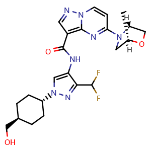 Chemical structure of 5-((1R,4R)-2-Oxa-5-azabicyclo[2.2.1]heptan-5-yl)-N-(3-(difluoromethyl)-1-((1r,4R)-4-(hydroxymethyl)cyclohexyl)-1H-pyrazol-4-yl)pyrazolo[1,5-a]pyrimidine-3-carboxamide , CAS 2434848-45-8, AChemBlock AD292441
