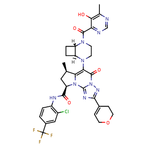 Chemical structure of (7R,9R)-N-(2-Chloro-4-(trifluoromethyl)phenyl)-2-(3,6-dihydro-2H-pyran-4-yl)-6-((1S,6S)-5-(5-hydroxy-6-methylpyrimidine-4-carbonyl)-2,5-diazabicyclo[4.2.0]octan-2-yl)-7-methyl-5-oxo-5,7,8,9-tetrahydropyrrolo[1,2-c][1,2,4]triazolo[1,5-a]pyrimidine-9-c.. , CAS 3035827-98-3, AChemBlock AD292515