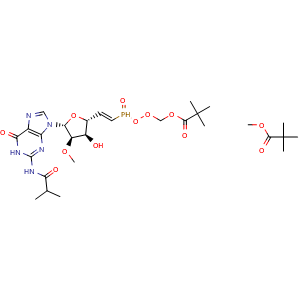 Chemical structure of ((((E)-2-((2R,3R,4R,5R)-3-Hydroxy-5-(2-isobutyramido-6-oxo-1,6-dihydro-9H-purin-9-yl)-4-methoxytetrahydrofuran-2-yl)vinyl)phosphoryl)bis(oxy))bis(methylene) bis(2,2-dimethylpropanoate) , CAS 2919994-84-4, AChemBlock AD292523