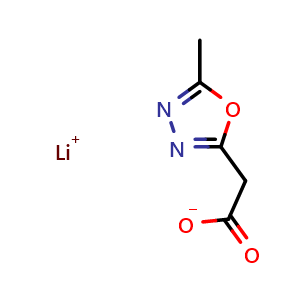 Chemical structure of Lithium hydride 2-(5-methyl-1,3,4-oxadiazol-2-yl)acetic acid , CAS 1384430-48-1, AChemBlock AD292524