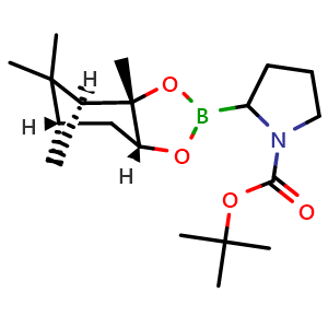 Chemical structure of tert-Butyl 2-((3aS,4S,6S,7aR)-3a,5,5-trimethylhexahydro-4,6-methanobenzo[d][1,3,2]dioxaborol-2-yl)pyrrolidine-1-carboxylate , CAS 205116-75-2, AChemBlock AD292531