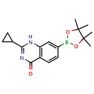 Chemical structure of 2-Cyclopropyl-7-(4,4,5,5-tetramethyl-1,3,2-dioxaborolan-2-yl)quinazolin-4(1H)-one , CAS 2857815-68-8, AChemBlock AD292535