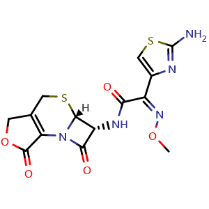 Chemical structure of (2Z)-2-(2-Amino-1,3-thiazol-4-yl)-N-[(4R,5R)-3,11-dioxo-10-oxa-6-thia-2-azatricyclo[6.3.0.02,5]undec-1(8)-en-4-yl]-2-methoxyiminoacetamide , CAS 66340-33-8, AChemBlock AD292544