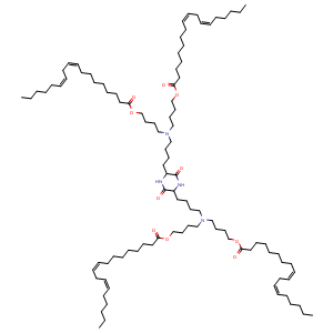 Chemical structure of 4-[4-[5-[4-[Bis[4-[(9Z,12Z)-octadeca-9,12-dienoyl]oxybutyl]amino]butyl]-3,6-dioxopiperazin-2-yl]butyl-[4-[(9Z,12Z)-octadeca-9,12-dienoyl]oxybutyl]amino]butyl (9Z,12Z)-octadeca-9,12-dienoate , CAS 1853203-01-6, AChemBlock AD292546