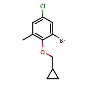 Chemical structure of 1-bromo-5-chloro-2-(cyclopropylmethoxy)-3-methylbenzene , CAS 2969385-33-7, AChemBlock AD292561