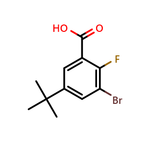 Chemical structure of 3-bromo-5-(tert-butyl)-2-fluorobenzoic acid , CAS 2664238-79-1, AChemBlock AD292573