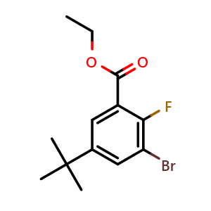 Chemical structure of ethyl 3-bromo-5-(tert-butyl)-2-fluorobenzoate , CAS 2921836-94-2, AChemBlock AD292574