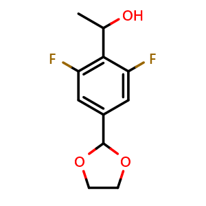 Chemical structure of 1-(4-(1,3-dioxolan-2-yl)-2,6-difluorophenyl)ethanol , CAS 2921881-20-9, AChemBlock AD292593