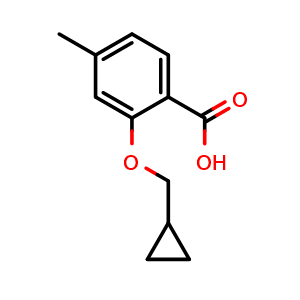 Chemical structure of 2-(cyclopropylmethoxy)-4-methylbenzoic acid , CAS 1248748-25-5, AChemBlock AD292615