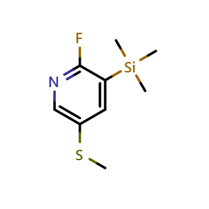 Chemical structure of 2-fluoro-5-(methylthio)-3-(trimethylsilyl)pyridine , CAS 2969340-74-5, AChemBlock AD292627