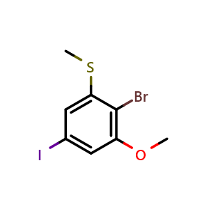 Chemical structure of (2-bromo-5-iodo-3-methoxyphenyl)(methyl)sulfane , CAS 2384313-54-4, AChemBlock AD292638