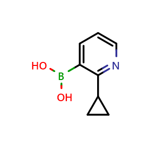 Chemical structure of (2-cyclopropylpyridin-3-yl)boronic acid , CAS 2225177-01-3, AChemBlock AD292658