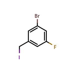 Chemical structure of 1-bromo-3-fluoro-5-(iodomethyl)benzene , CAS 1511573-48-0, AChemBlock AD292696