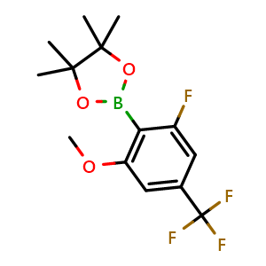 Chemical structure of 2-(2-fluoro-6-methoxy-4-(trifluoromethyl)phenyl)-4,4,5,5-tetramethyl-1,3,2-dioxaborolane , CAS 2890194-34-8, AChemBlock AD292723