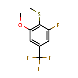 Chemical structure of (2-fluoro-6-methoxy-4-(trifluoromethyl)phenyl)(methyl)sulfane , CAS 2706787-04-2, AChemBlock AD292725