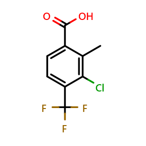 Chemical structure of 3-chloro-2-methyl-4-(trifluoromethyl)benzoic acid , CAS 2385896-27-3, AChemBlock AD292733