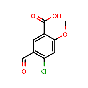 Chemical structure of 4-chloro-5-formyl-2-methoxybenzoic acid , CAS 2385044-92-6, AChemBlock AD292759