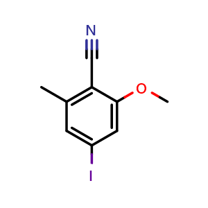 Chemical structure of 4-iodo-2-methoxy-6-methylbenzonitrile , CAS 2387354-32-5, AChemBlock AD292769
