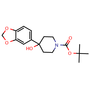 Chemical structure of tert-butyl 4-(benzo[d][1,3]dioxol-5-yl)-4-hydroxypiperidine-1-carboxylate , CAS 870452-17-8, AChemBlock AD292780