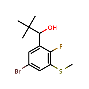 Chemical structure of 1-(5-bromo-2-fluoro-3-(methylthio)phenyl)-2,2-dimethylpropan-1-ol , CAS 2921890-67-5, AChemBlock AD292807