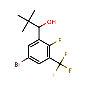 Chemical structure of 1-(5-bromo-2-fluoro-3-(trifluoromethyl)phenyl)-2,2-dimethylpropan-1-ol , CAS 2921833-87-4, AChemBlock AD292808