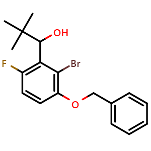 Chemical structure of 1-(3-(benzyloxy)-2-bromo-6-fluorophenyl)-2,2-dimethylpropan-1-ol , CAS 2921894-75-7, AChemBlock AD292818