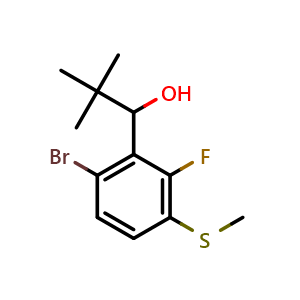 Chemical structure of 1-(6-bromo-2-fluoro-3-(methylthio)phenyl)-2,2-dimethylpropan-1-ol , CAS 2921750-33-4, AChemBlock AD292824