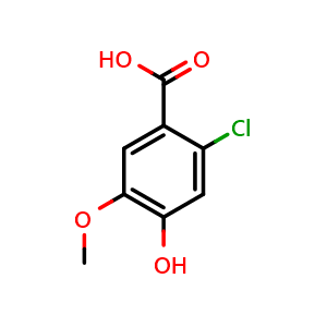 Chemical structure of 2-chloro-4-hydroxy-5-methoxybenzoic acid , CAS 62936-24-7, AChemBlock AD292850