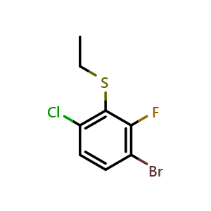 Chemical structure of (3-bromo-6-chloro-2-fluorophenyl)(ethyl)sulfane , CAS 2969475-83-8, AChemBlock AD292885