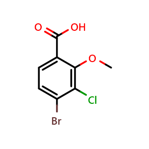 Chemical structure of 4-bromo-3-chloro-2-methoxybenzoic acid , CAS 1783353-04-7, AChemBlock AD292892