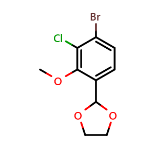 Chemical structure of 2-(4-bromo-3-chloro-2-methoxyphenyl)-1,3-dioxolane , CAS 2921751-46-2, AChemBlock AD292918