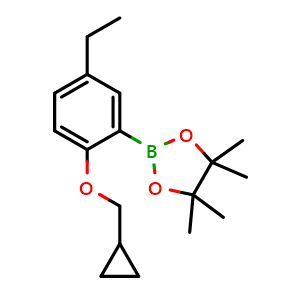 Chemical structure of 2-(2-(cyclopropylmethoxy)-5-ethylphenyl)-4,4,5,5-tetramethyl-1,3,2-dioxaborolane , CAS 1268511-96-1, AChemBlock AD292938