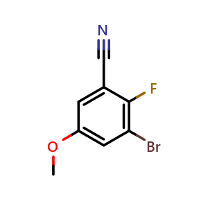 Chemical structure of 3-bromo-2-fluoro-5-methoxybenzonitrile , CAS 1891949-21-5, AChemBlock AD292943